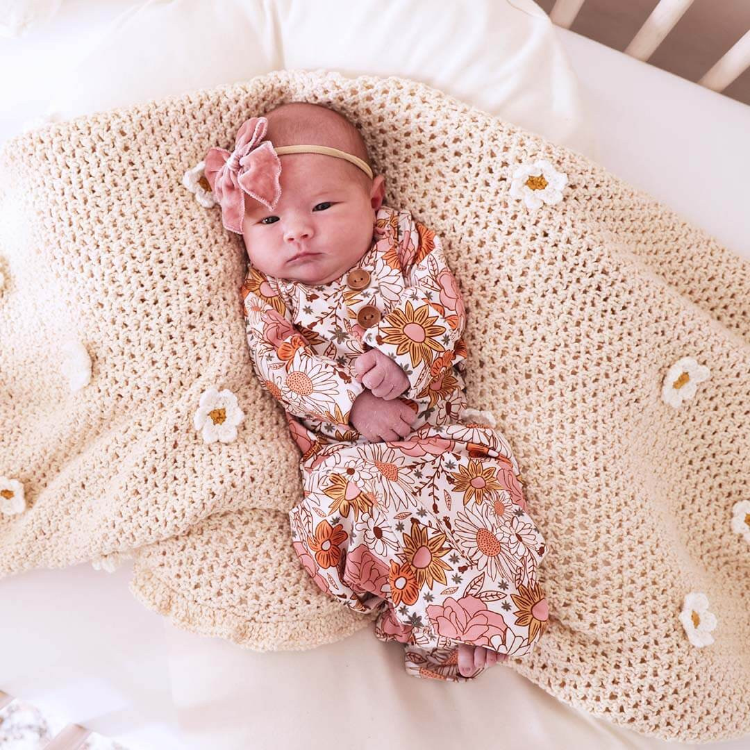 Boho Floral Newborn Baby Knot Gown & Hat Set | Caden Lane