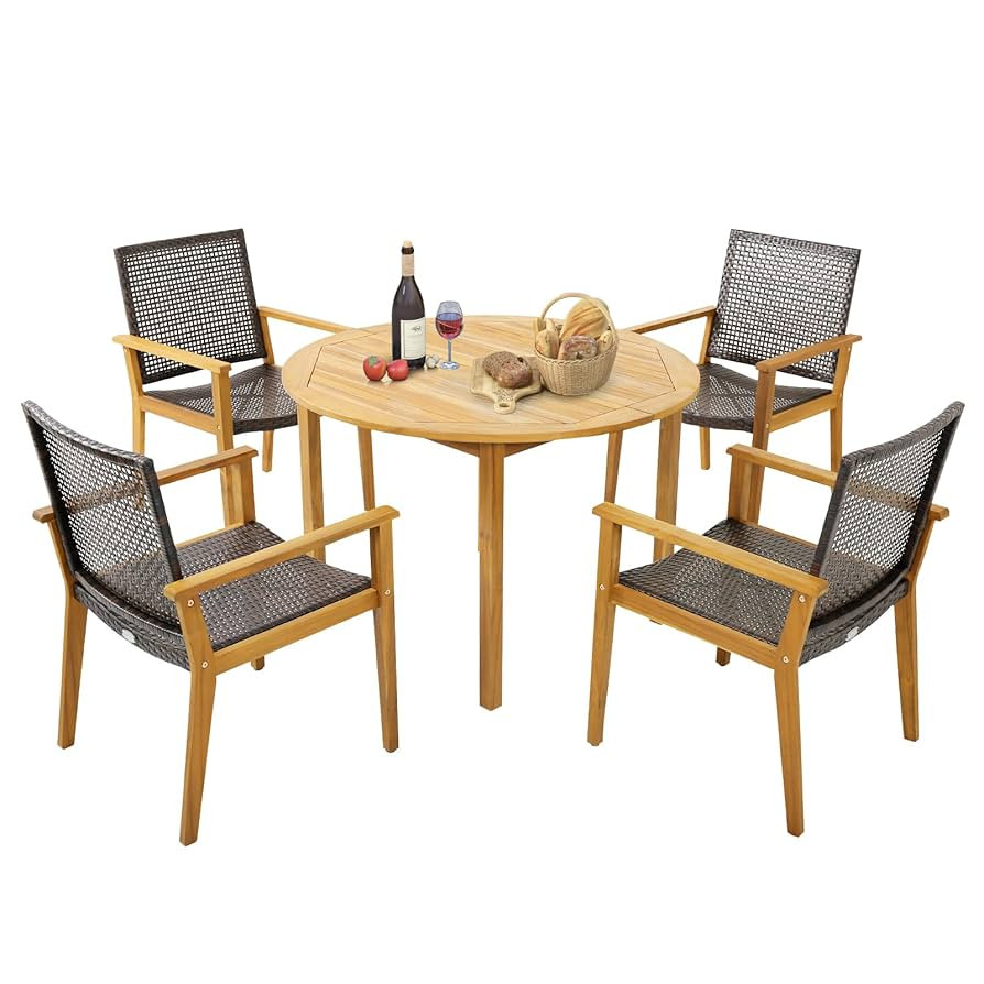 Tangkula 5 Pieces Patio Dining Set, 4 Patio Wicker Armchairs and Round Acacia Wood Dining Table, ... | Amazon (US)