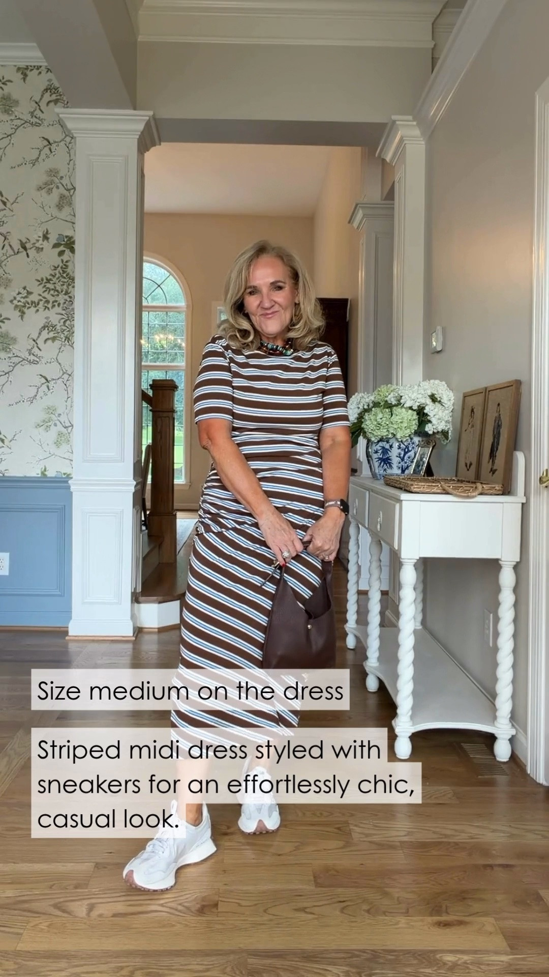 This brown striped midi dress is flattering, comfortable, and easy to dress up or down. I love it with white sneakers for an effortless late-summer look.

💡 LTK MADE EASY
❤️ Heart = Support my posts!
🔖 Save = Get sale & restock alerts
📋 Lists = Keep favorites organized
📲 Share = Send lists and products to a friend. Hello, Christmas List!
💬 Comment = Ask me anything about what I'm wearing.:-)

#LTKootd #LTKOver40 #LTKActive