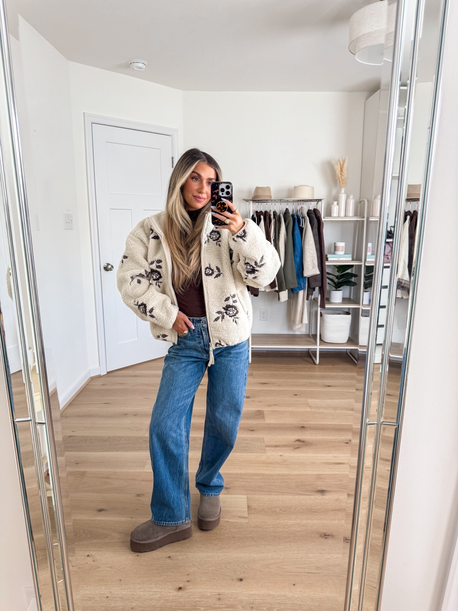 Sherpa fleece: xs 
Mock neck top; xs 
High rise loose jeans: 24 short 
Boots: size up if in between 

#LTKFindsUnder100 #LTKFindsUnder50 #LTKPetite