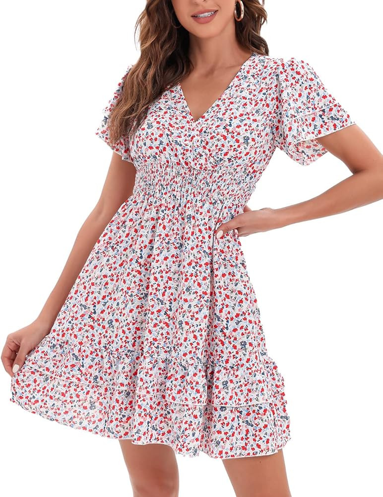 HILADY Women's Floral Boho Summer Dress Casual Dress Layered Swing Mini Sundress | Amazon (US)