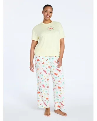 Joyspun Women's Dreamy Soft Collection Short Sleeve Sleep Top and Open Leg Pants Pajama Set, 2-Pi... | Walmart (US)