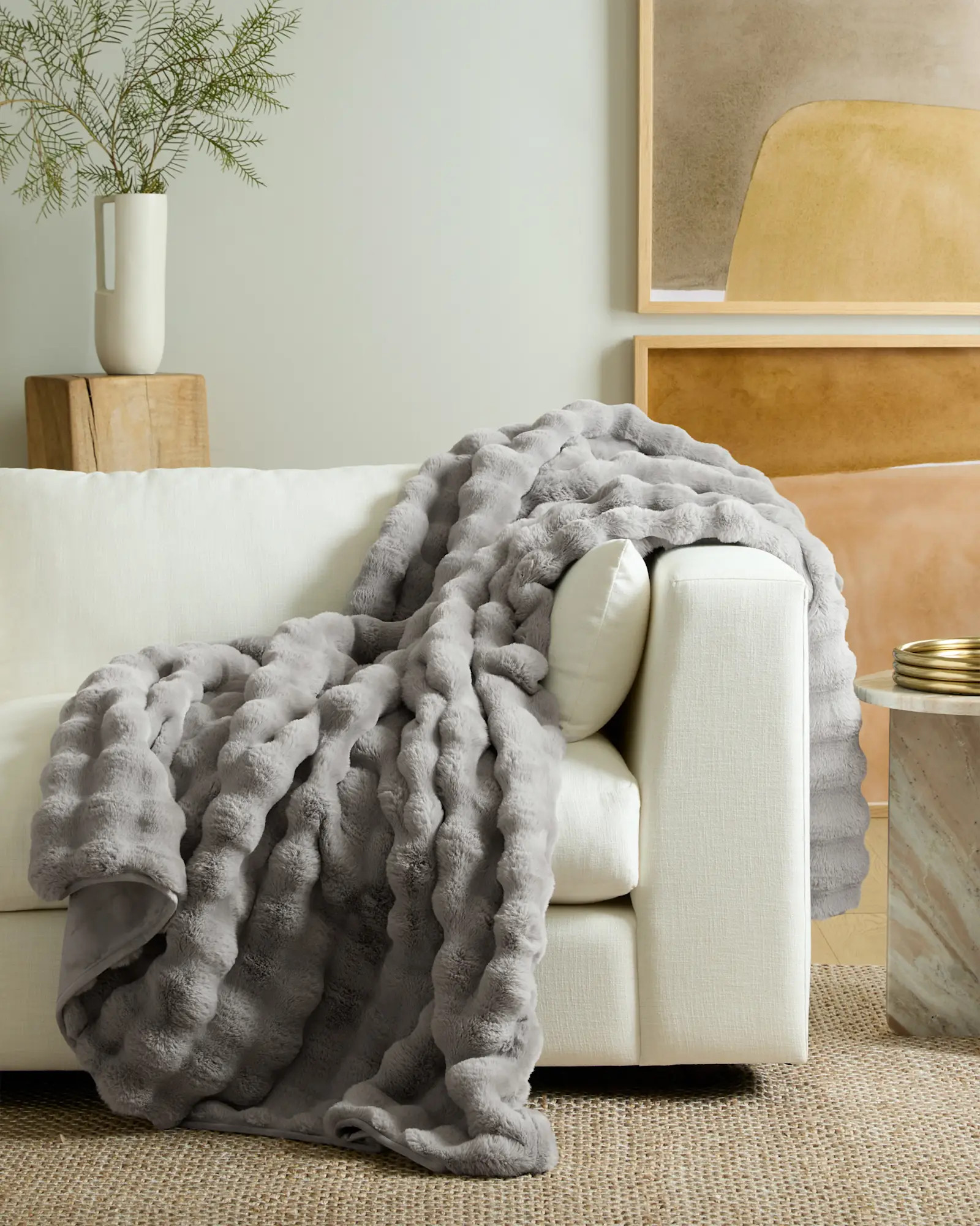 Ruched Faux Fur Throw in Glacier | Quince