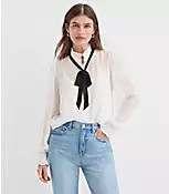 Pearlized Button Ruffle Bow Blouse | LOFT
