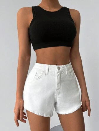 Cottnline Eenkleurig Denim shorts Knoop Zak Ruwe hem Rits | SHEIN