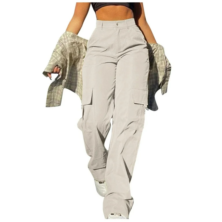 zicth Beige Womens Cargo Pants Womens Daily Elastic Waist Pockets Straight Solid Color Casual Pan... | Walmart (US)