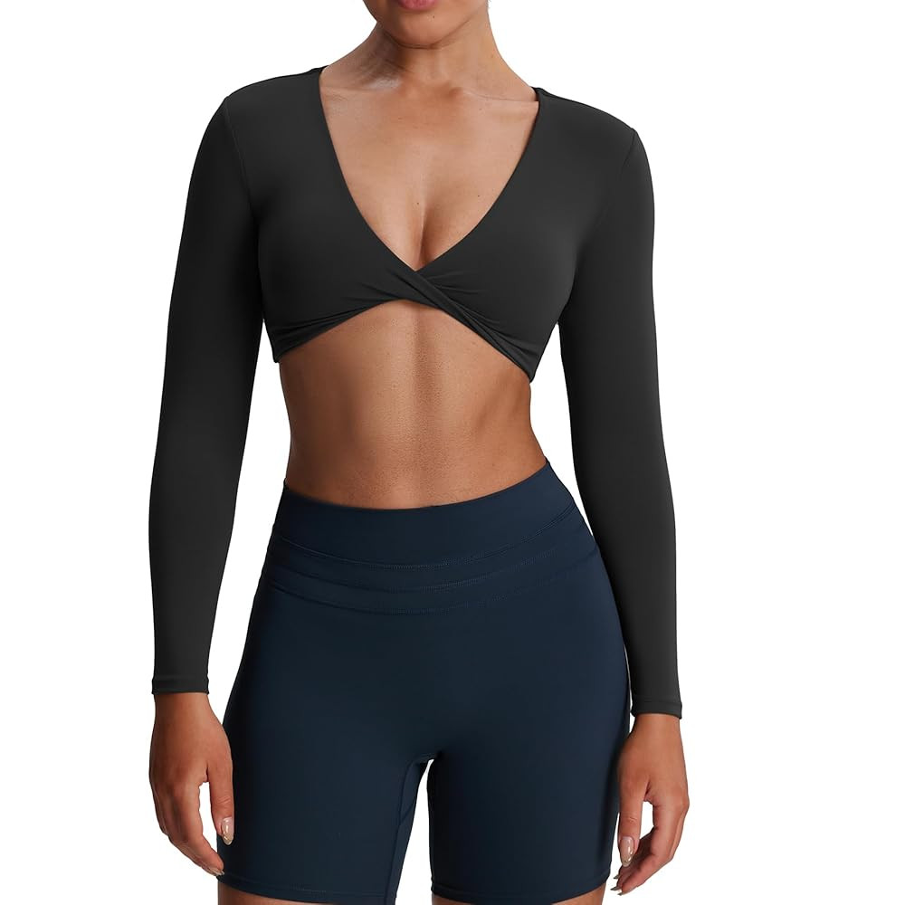 Aoxjox Long Sleeve Crop Tops for Women Sienna Twist Deep V Workout Cropped T Shirt Top | Amazon (US)