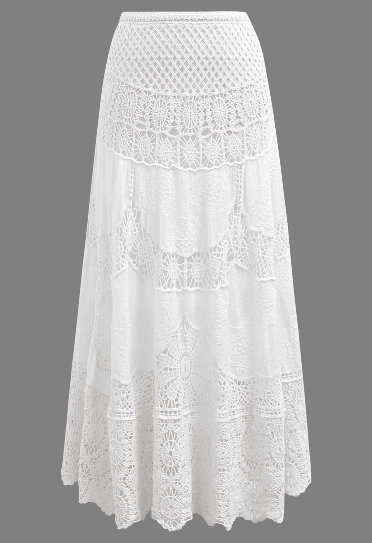 Artistry Floral Embroidered Crochet Maxi Skirt in White | Chicwish