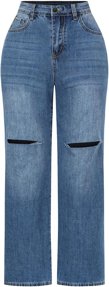 THUNDER STAR Womens High Waisted Wide Leg Jeans Stretchy Distressed Denim Pants | Amazon (US)
