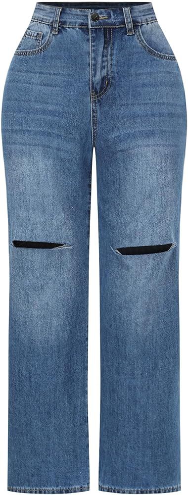 THUNDER STAR Womens High Waisted Wide Leg Jeans Stretchy Distressed Denim Pants | Amazon (US)