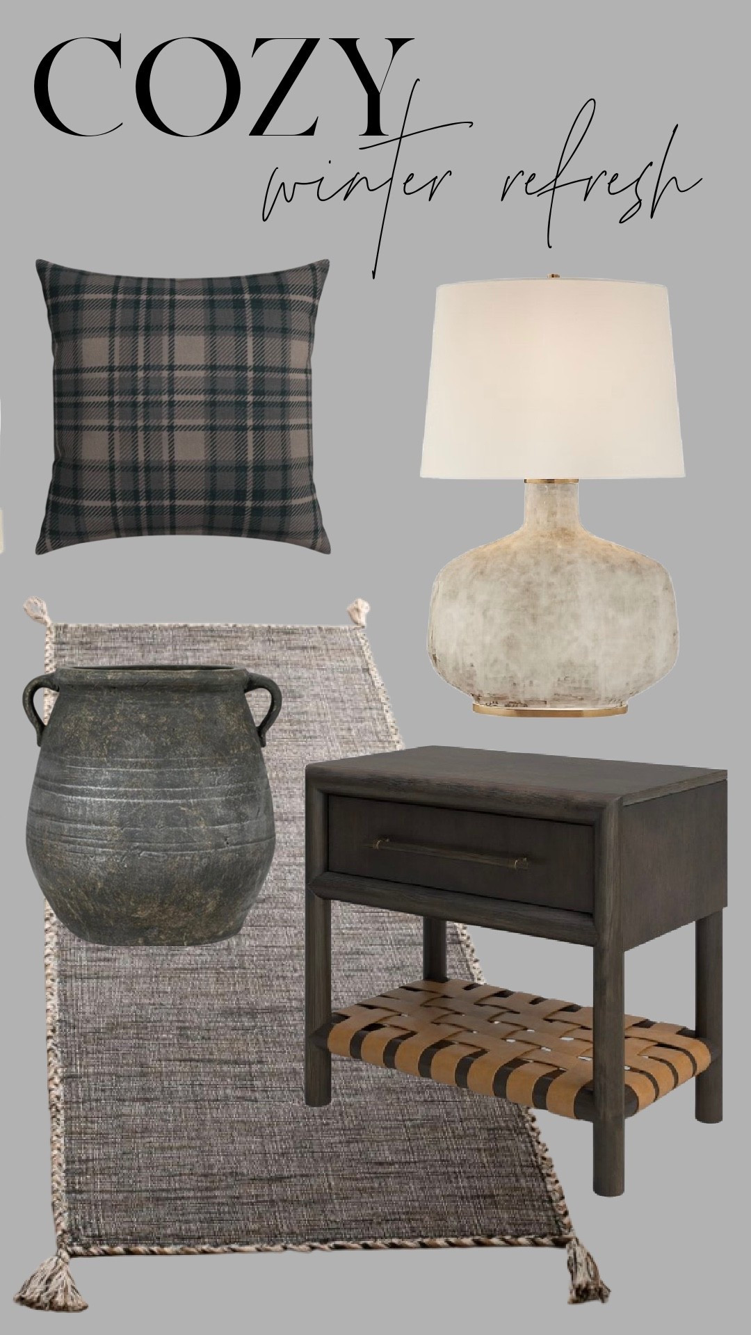 Cozy winter refresh 🤍

After the holidays, I love swapping in pieces that feel warm, layered, and timeless. A soft neutral rug, moody textures, classic plaid, and a sculptural lamp instantly make a space feel cozy without feeling seasonal.

These are the kinds of pieces that carry you straight through winter and well into spring.

#LTKFindsUnder100 #LTKHome #LTKSaleAlert