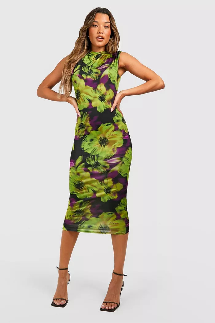 Floral Slinky High Neck Midi Dress | Boohoo.com (UK & IE)