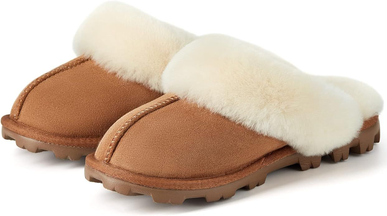 WaySoft Genuine Australian Sheepskin Women Slippers, Water-Resistant Warm and Fluffy Outdoor Hous... | Amazon (US)