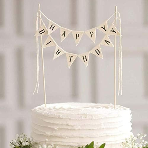 Happy Birthday Cake Bunting Topper Cake Topper Garland, Handmade Pennant Flags with Wood Pole Ivory  | Amazon (US)