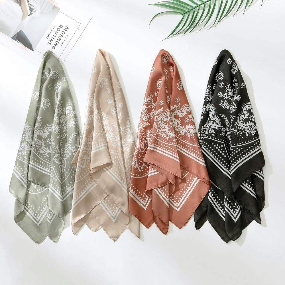 4 Pcs 26.5×26.5 inches Silk Feel Satin Square Head Scarves for Women Neck Hair Scarves Hair Bandanas | Amazon (US)