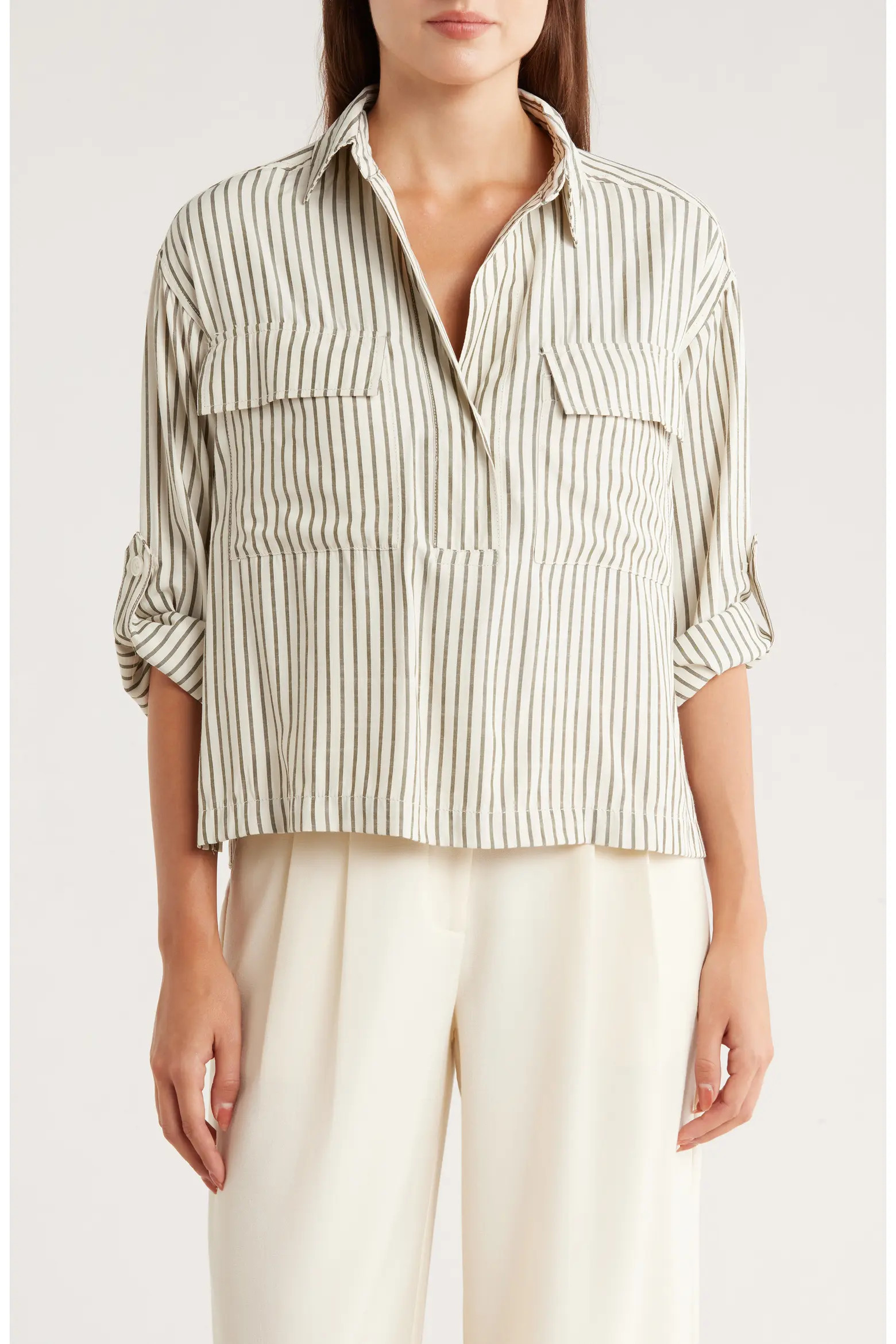 Grid Print Roll Sleeve Popover Shirt (Women) | Nordstromrack | Nordstrom Rack