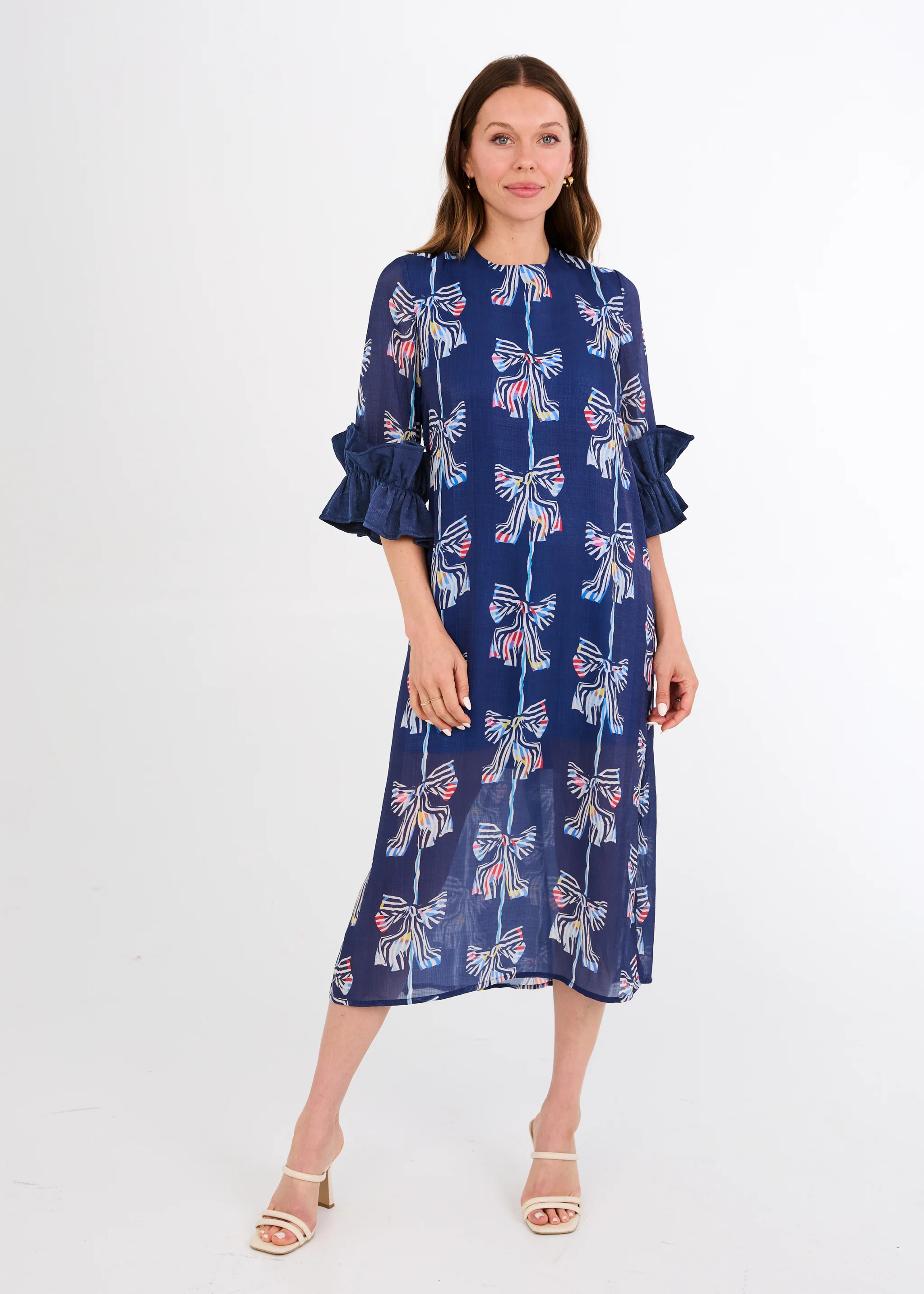 Bronwyn Dress Navy Bow Print Chiffon | Abbey Glass