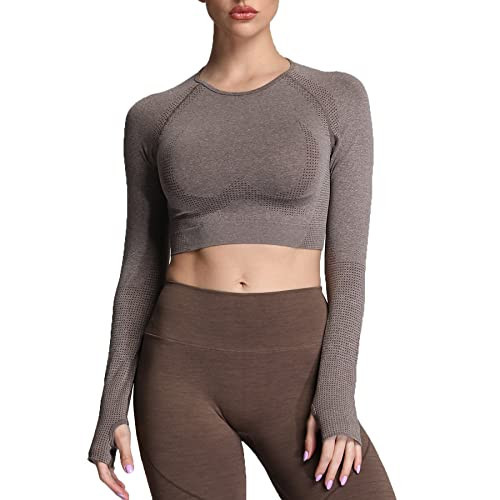 Aoxjox Long Sleeve Crop Tops for Women Workout Seamless Cropped T Shirt Top (1 New Dark Coffee Marl, X-Small) | Amazon (US)