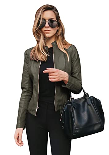 YMING Ladies Stylish Zip Up Coats Slim Fit Faux Leather Biker Outerwear Long Sleeve Moto Jacket Army Green XL | Amazon (US)