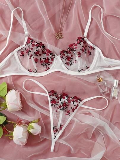 Floral Embroidered Mesh Underwire Lingerie Set | SHEIN