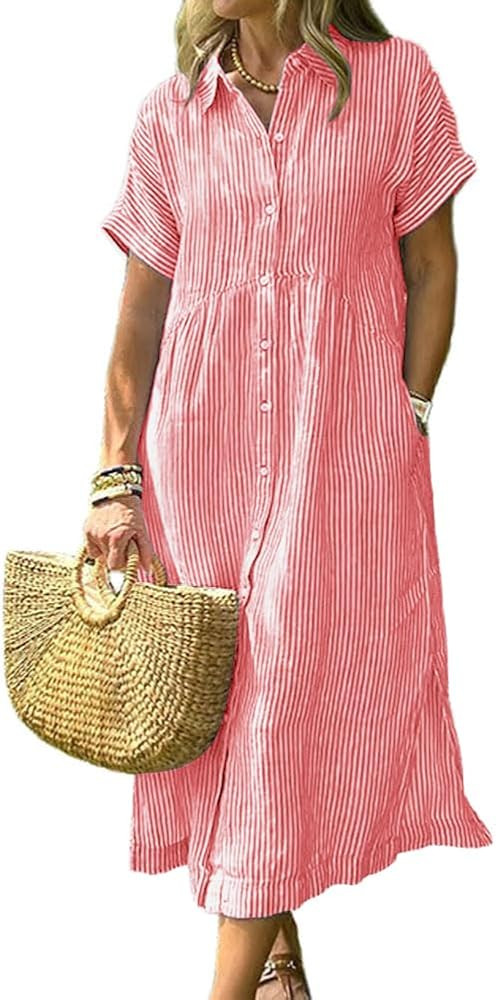chouyatou Women's Summer Striped Midi Long Shirt Dress Casual Loose Short Sleeve Button Down Dres... | Amazon (US)