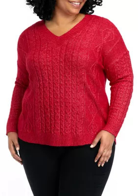 Chaps Women's Plus Size V-Neck Sweater, Red, 1X | Belk