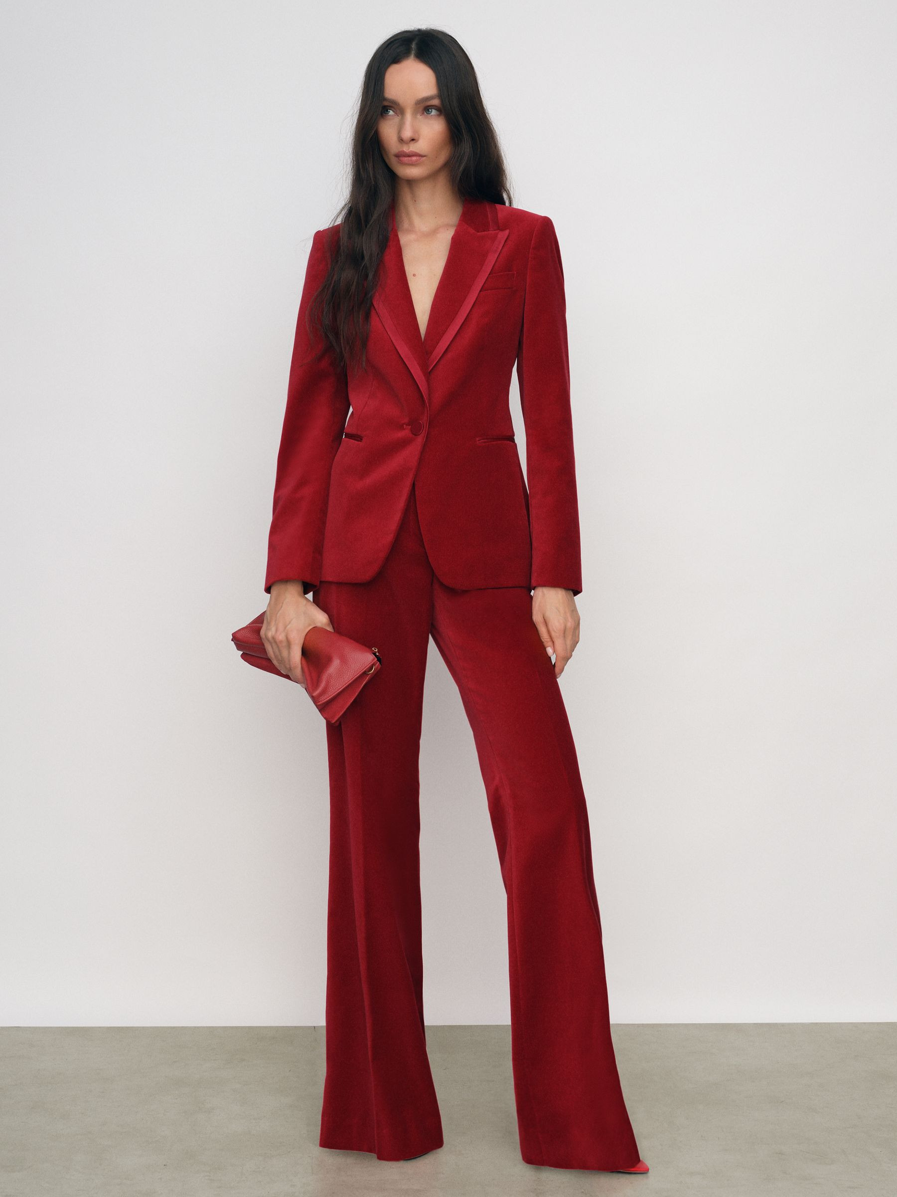 Petite Velvet Tuxedo-Stripe Flared Trousers in Red | Reiss UK
