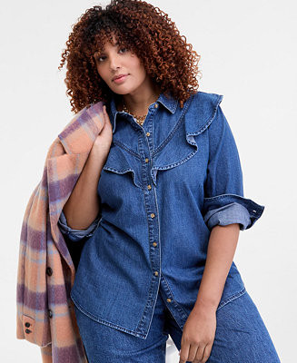 On 34th Trendy Plus Size Ruffle-Front Long-Sleeve Denim Shirt, Macy's Exclusive  - Macy's | Macy's