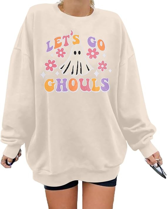 VILOVE Womens Halloween Ghost Sweatshirt: Oversized Sequin Spooky Graphic Shirts Long Sleeve Crew... | Amazon (US)