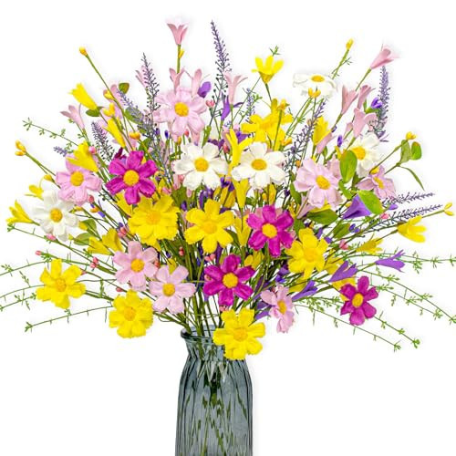 J'FLORU Artificial Spring Flowers 12 Pack Spring Floral Picks 17 Inch Flower Stems with Colorful Daisies and Forsythia for Spring Summer Easter Flower Arrangements Centerpieces | Amazon (US)