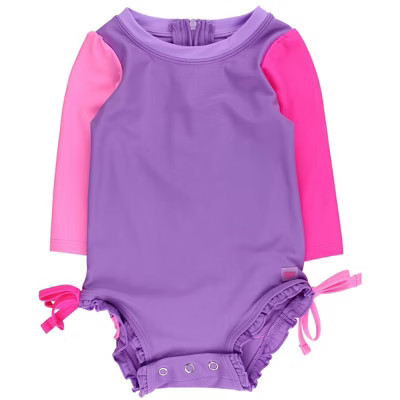 RuffleButts Baby Girls UPF50+ Sun Protected Neon Long Sleeve One Piece Rash Guard Swimsuit, with Signature Rear Ruffles -Purple Color Block, 18-24m | Target