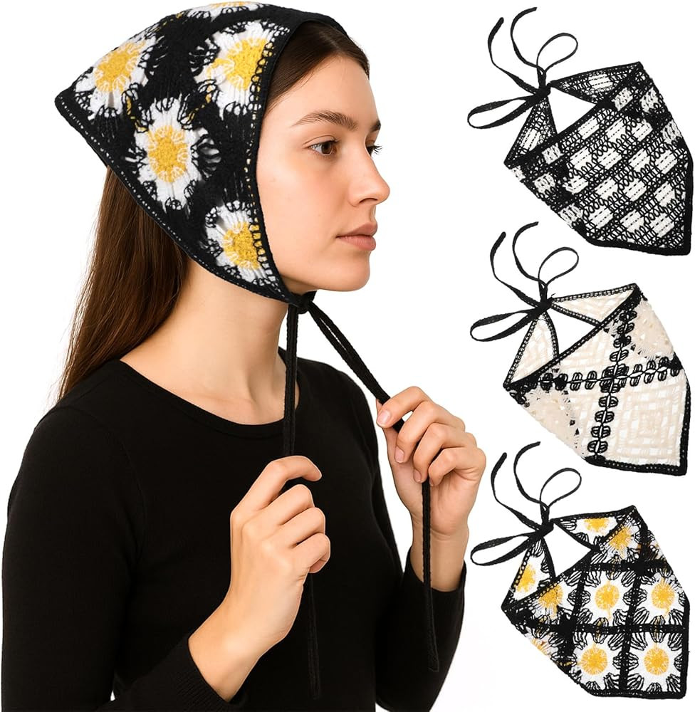 3 Pcs Crochet Head Scarfs Crochet Bandana for Women Floral Hollow Knit Hair Triangle Hair Scarf V... | Amazon (US)