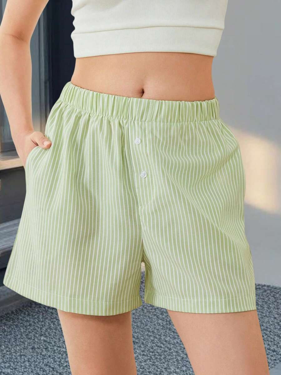 Women Y2K Striped Plaid Shorts Elastic Low Rise Button Front Cute Pajama Boxer Shorts Summer Loun... | SHEIN
