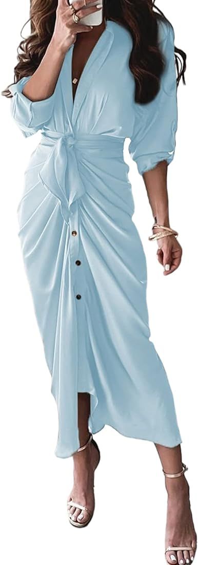 Women's Ruched Shirt Dress Short Sleeve Button Up Belted Printing Wrap Maxi Skirt Light Blue X-La... | Amazon (US)