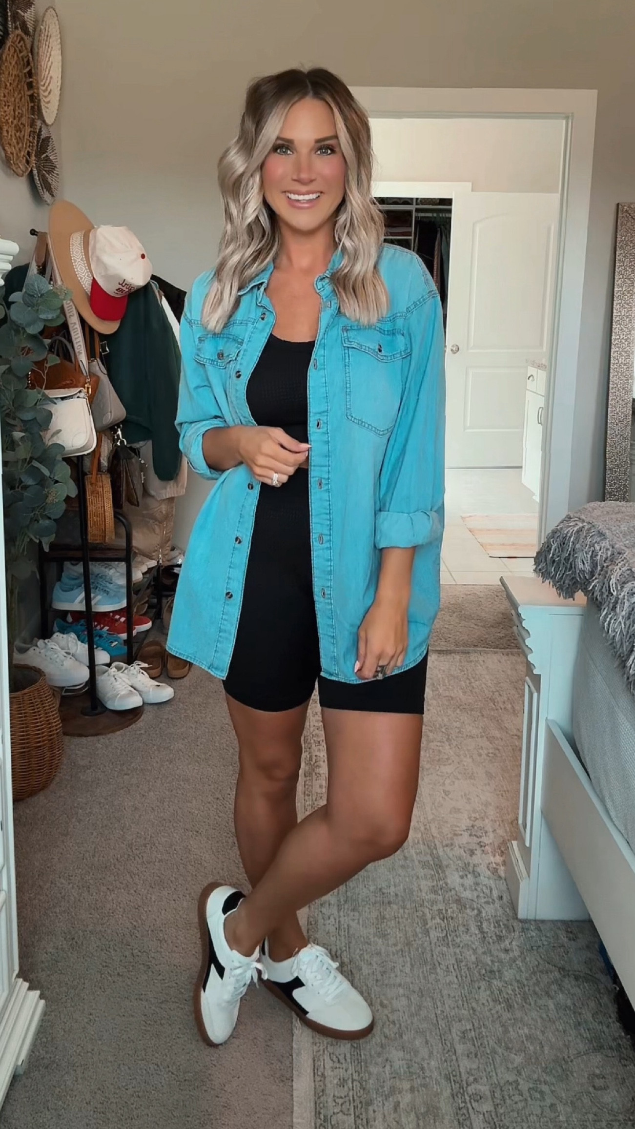 Casual mom athleisure wear outfit from Walmart! This black set and oversized denim button down. Perfect for summer, spring or fall! #walmartfashion #walmart #walmartpartner #affordablefashion

#LTKSeasonal #LTKMidsize #LTKFindsUnder50