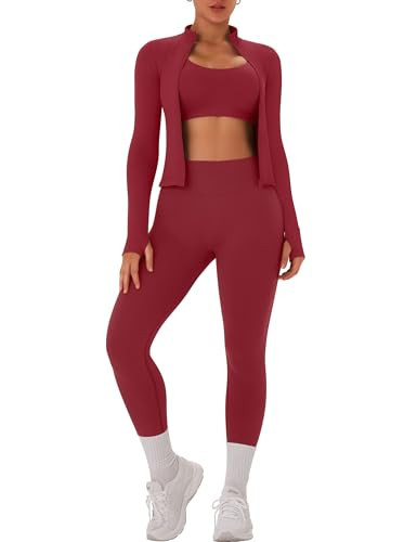 OLCHEE Womens Workout Sets 3 Piece Seamless Long Sleeve Jacket Scrunch Butt Leggings Racerback Sports Bra Yoga Gym Outfits - Cherry Red Large | Amazon (US)