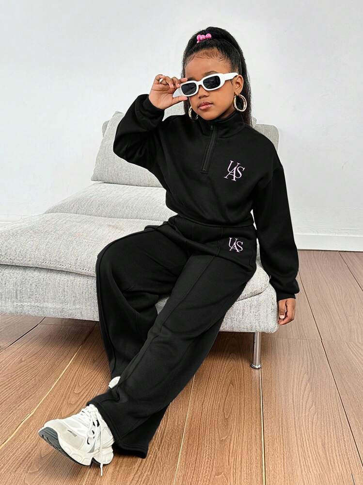 SHEIN 2pcs Tween Girl Letter Embroidered Pullover Hoodie And Casual Pants Set | SHEIN