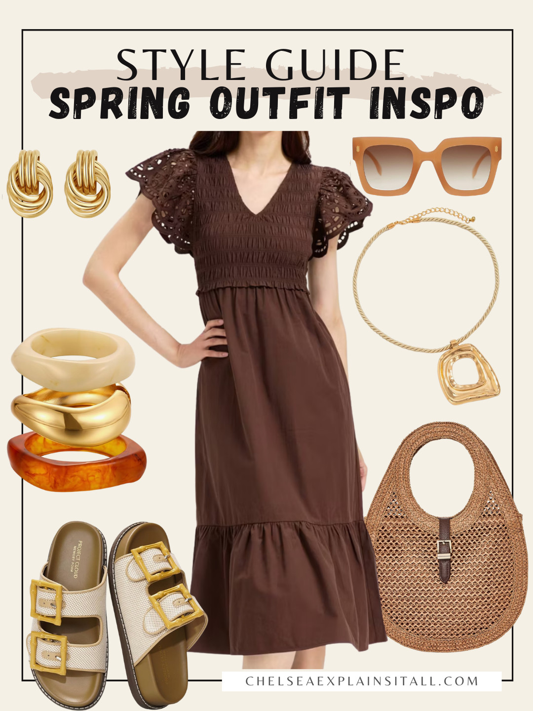 the PERFECT chic brown neutral spring outfit. Love the flutter sleeve detail on the midi dress, the ivory and gold Birkenstock inspired sandals, the pops of gold jewelry and chunky bracelets, as well as the oversized sunglasses and woven purse. 

spring outfit inspo, spring dress, ootd, women's dress, mom outfit, summer dress  

 #LTKootd #LTKOver40 #LTKTall