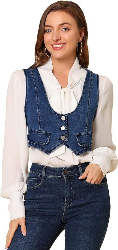 Allegra K Women's Denim Vintage Button Up Sleeveless Crop Jean Waistcoat Vest | Amazon (US)