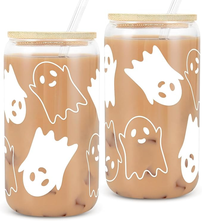 2PCS 18 oz Halloween Ghost Decorations Can Glass Cups,Tumbler Glass Mug with Lids Straws,Spooky C... | Amazon (US)