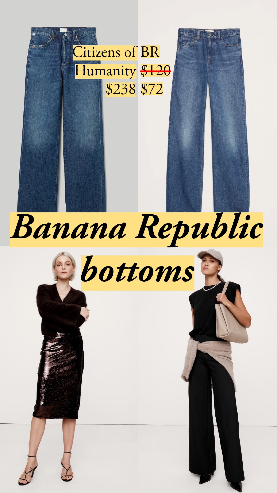 I have the ponte pants in both the flare and wide. If I had to pick one, I’d go with the wide - they’re a bit more formal. 

I thought I'd just say all jeans are consistently amazing because I've been impressed by the distressing I've seen in racks and racks of jeans across my visits to Banana. So I was very surprised to see fake-looking whiskering on the medium and light washes in the Relaxed Flare Jean. This style looks good in black, though.

I’ve seen the BR satin in person, and it’s great. It looks like its own thing, not a fake silk. It’s not too shiny, and it has a substantial feel. I am weary of non-silk satins. I love this one. 

The sequin skirt would be perfect for this holiday season and beyond - a great piece just in case any festivities pop up  

#LTKSaleAlert #LTKWorkwear #LTKHoliday