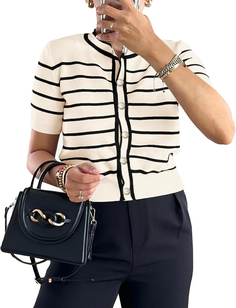 Womens Summer Short Sleeve Tops Knit Button Down Striped Dressy Casual Fashion Going... | Amazon (US)