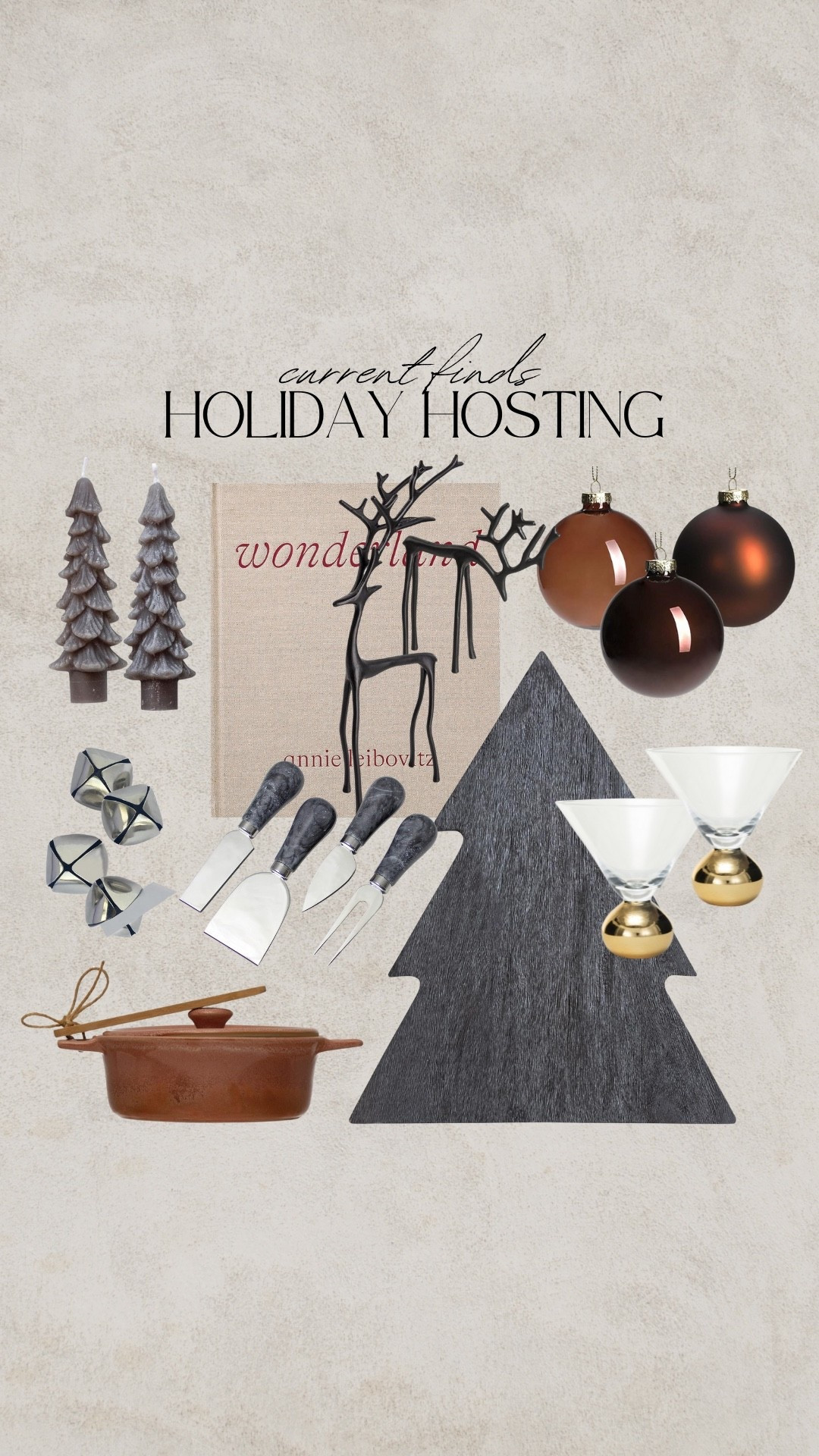 Holiday hosting, Christmas decor, holiday decor, neutral Christmas, wonderland, holiday book, brown ornaments, neutral ornaments, amber ornaments, Brie baker, Dutch oven, tree cutting board, wood cutting board, charcuterie board, Christmas tree charcuterie board, cheese knives set, charcuterie set, martini glasses, gold martini glasses, black reindeer, metal reindeer, photography book, coffee table book, Christmas tree candles, tapered candles, bells, name plate, place card holder

#LTKFindsUnder50 #LTKSaleAlert #LTKHome