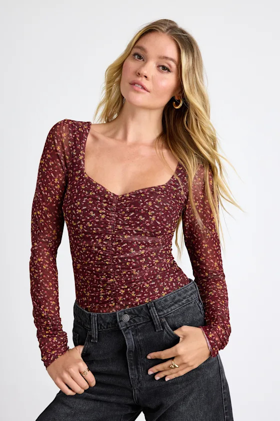 Adoring Desire Burgundy Floral Print Mesh Ruched Bodysuit | Lulus