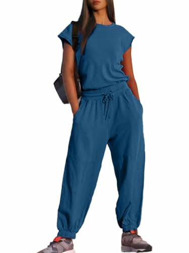 Glamaker Women's Casual Sleeveless One Piece Jumpsuits Loose Open Back Workout Onesie Summer Outfits With Pockets(Dark Blue XS) | Amazon (US)