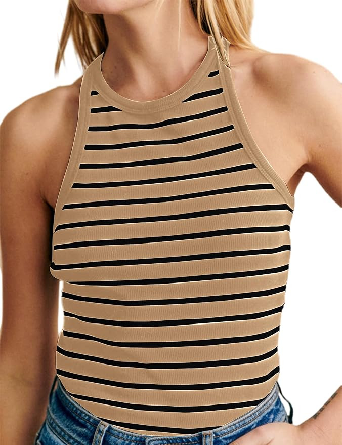 Women Striped Ribbed Knit Tank Tops Sleeveless High Neck Slim Fitted Racerback Casual 2024 Trendy... | Amazon (US)
