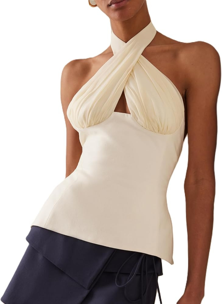 Women Silky Halter Neck Crop Top Sleeveless Crisscross Wrap Tank Top Y2k Summer Slim Fit Backless... | Amazon (US)