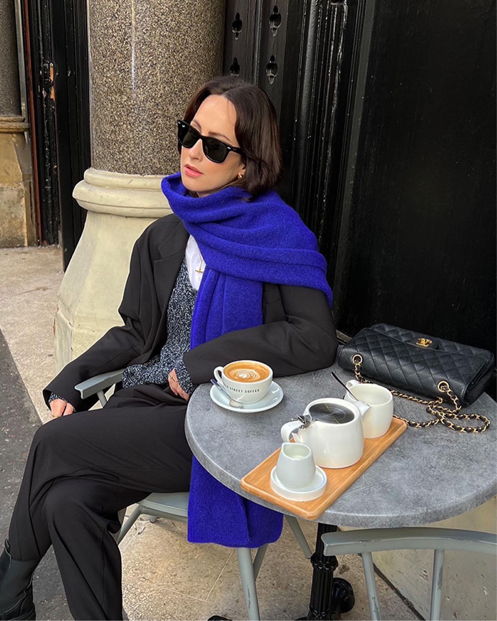 blazer and pants by frankie shop 
rayban wayfarer sunglasses 
crew neck t shirt by arket 
boots by ganni v coggles - Black Friday 30% off use code CG30 
t bar necklace by daisy jewellery - 20% off 
sezane scarf 
winter outfit ideas 
outfit ideas 
smart/casual outfit 
cyber week deals 

#LTKSeasonal #LTKCyberweek #LTKeurope