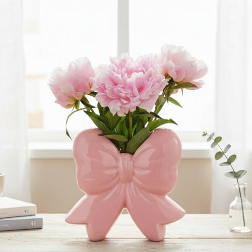 Jingmore Vase Coquette Ceramic Pink Toothbrush Holder Vase Pen Makeup Brush Holder Contemporary Design Decorative Women Gift for Christmas Home Office Shelf Table Room(Small,Classic,Pink) | Amazon (US)