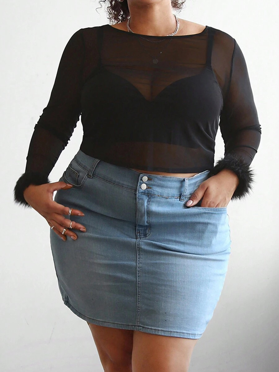 SHEIN CURVE+ Plus Fuzzy Cuff Mesh Top Without Bra | SHEIN